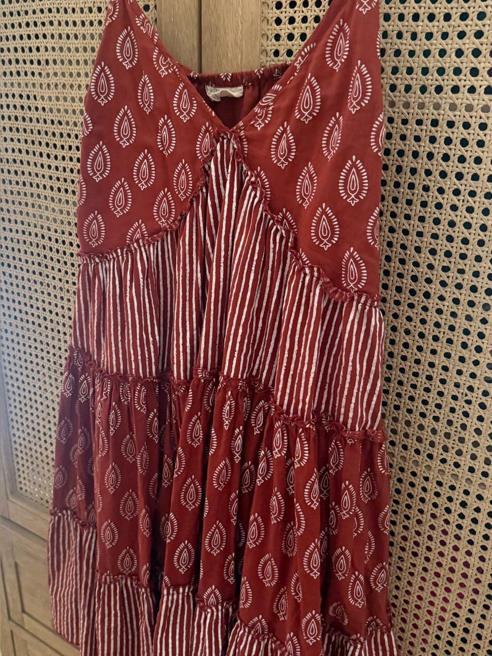 Boho Tiered Sleeveless Dress in Rust Red with White Print